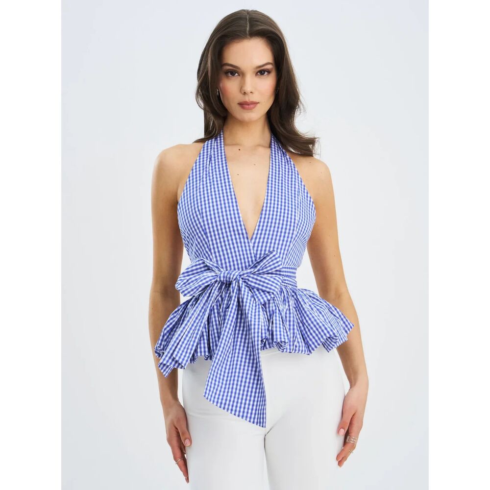 Miss Circle New York Ilene Blue Gingham Cotton Bubble Hem Halter Top Size Small